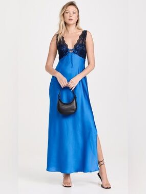 Free People Intimately Countryside Maxi Slip Dress Campanula Blue Black Lace